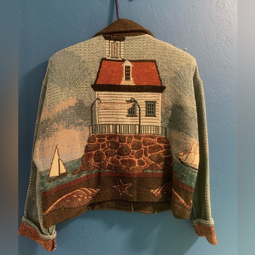 Vintage 90’s Painted Pony's Tapestry Lighthouse Nautical Jacket Size Large NWT - Picture 13 of 16